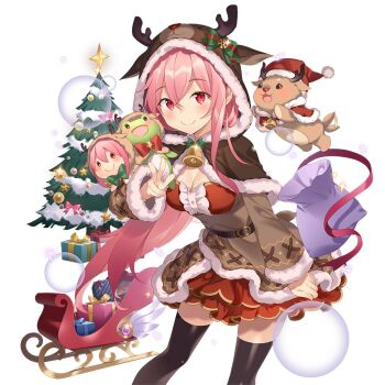 1girl bell belt black_belt black_thighhighs box breasts brown_cape brown_coat brown_hood bubble cape christmas_tree cleavage coat commentary_request deer deer_costume dress fur-trimmed_cape fur-trimmed_coat fur_trim gift gift_box hair_rings hood hooded_cape hugging_doll hugging_object long_hair medium_breasts neck_bell pink_eyes pink_hair red_dress rie_(reverie) ron_cercle sled thighhighs uchi_no_hime-sama_ga_ichiban_kawaii very_long_hair