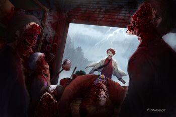 2girls 4boys ascot black_necktie black_suit blood blood_on_clothes blood_on_face blood_splatter bloody_weapon blue_shirt brain commentary crying death english_commentary exposed_brain fin_naubot formal_clothes gouda_toshirou guro highres lightning multiple_boys multiple_girls murder necktie purple_shirt rain red_hair red_shirt red_suit shed shelf shirt short_hair suit tears teeth tongue umineko_no_naku_koro_ni ushiromiya_battler ushiromiya_krauss ushiromiya_kyrie ushiromiya_rosa ushiromiya_rudolf weapon white_ascot white_suit wide-eyed yellow_necktie