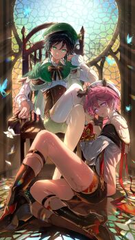 2boys absurdres ahoge androgynous argyle_clothes argyle_pantyhose bard beret black_boots black_capelet black_gloves black_hair blue_hair boots bow braid brown_corset bug butterfly cape capelet cecilia_flower_(genshin_impact) chair closed_mouth collared_cape commentary_request corset crossed_legs dahlia_(genshin_impact) flower frilled_capelet frilled_sleeves frills genshin_impact gloves gold_trim gradient_hair green_cape green_eyes green_hat green_shorts hair_between_eyes hat hat_flower highres insect long_sleeves looking_at_viewer male_focus multicolored_hair multiple_boys nero_hanken ornate_clothes pantyhose pink_hair purple_eyes shirt short_hair short_hair_with_long_locks shorts side_braids smile stained_glass twin_braids venti_(genshin_impact) watermark white_flower white_hat white_shirt window