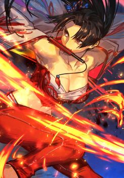 1girl bare_shoulders breasts brown_eyes brown_hair cleavage fatal_fury folded_fan folding_fan hand_fan holding holding_fan hungry_clicker large_breasts long_hair midriff official_alternate_costume official_alternate_hairstyle open_mouth paper_fan shiranui_mai smile snk solo street_fighter street_fighter_6 tassel the_king_of_fighters