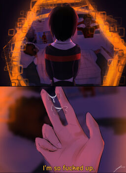 1boy 1girl 2koma absurdres antenna_hair arms_behind_head barefoot bed bedroom black_bodysuit black_hair black_skirt black_sweater blanket blurry blurry_background bodysuit comic dark-skinned_male dark_skin depth_of_field english_text facing_away female_masturbation from_above from_behind highres ij_pilot implied_masturbation jefferson_davis looking_at_another lying marvel masturbation miles_morales multicolored_bodysuit neon_genesis_evangelion on_bed on_side peeking peni_parker police police_uniform portal_(object) poster_(object) pov pov_hands pussy_juice pussy_juice_on_fingers pussy_juice_trail red_bodysuit red_sweater scene_reference shirt shirttail short_hair signature single_horizontal_stripe skirt sleeping spider-man:_across_the_spider-verse spider-man_(series) spider-verse square subtitled sweater two-tone_bodysuit two-tone_sweater under_covers upper_body white_shirt