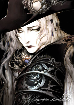 Rule 34 | 1boy, androgynous, black background, black coat, black eyes, black hat, closed mouth, coat, copyright name, d (vampire hunter d), hair tubes, hat, hat ornament, long hair, looking back, male focus, solo, upper body, vampire hunter d, very long hair, white hair, yona (edenkasuga)