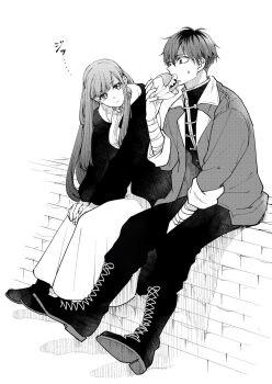 Rule 34 | 1boy, 1girl, bandaged wrist, bandages, black boots, black jacket, black pants, black roots, boots, breasts, brick wall, burger, coat, commentary request, dress, eating, fern (sousou no frieren), food, full body, greyscale, hair between eyes, highres, holding, holding burger, holding food, jacket, leaning forward, long dress, long hair, looking at another, medium breasts, monochrome, osaka n a, pants, screentones, short hair, sitting, sitting on wall, sousou no frieren, stark (sousou no frieren), sweatdrop, white dress