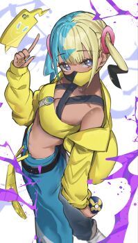 1girl bare_shoulders black_mask blonde_hair blue_eyes blue_hair blush breasts canari_(pokemon) cleavage commentary criss-cross_straps crop_top dark-skinned_female dark_skin highres holding holding_poke_ball jacket long_sleeves looking_at_viewer mask medium_breasts midriff mouth_mask multicolored_hair nail_polish nintendo off_shoulder open_clothes open_jacket pants poke_ball pokemon pokemon_legends:_z-a quick_ball ringozeri solo split-color_hair symbol-only_commentary twintails two-tone_mask yellow_jacket yellow_mask