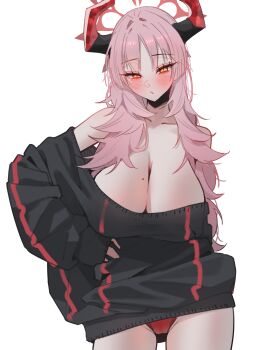 1girl absurdres agnamore alternate_costume bare_shoulders black_sweater blue_archive blush breasts cleavage commentary cowboy_shot curvy demon_girl demon_horns facing_viewer female_pervert hair_intakes halo hand_on_own_hip highres horns huge_breasts large_breasts long_hair looking_at_viewer mole mole_on_breast narrow_waist no_bra no_pants off_shoulder orange_eyes oversized_sweater panties pervert pink_hair red_halo red_panties revealing_clothes satsuki_(blue_archive) bad_tag slit_pupils solo sweater thick_thighs thighs tilted_head underwear