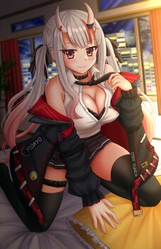 1girl bed between_legs black_bow black_bra black_jacket black_skirt black_thighhighs blush bow bra breasts building cleavage collared_shirt commentary commission curtains dress_shirt english_commentary frilled_pillow frills gradient_hair grey_hair hair_bow hand_between_legs highres hololive horns indoors jacket kazenokaze large_breasts long_hair long_sleeves looking_at_viewer multicolored_hair nakiri_ayame nakiri_ayame_(streetwear) night night_sky off_shoulder on_bed oni open_clothes open_jacket pillow pleated_skirt puffy_long_sleeves puffy_sleeves red_eyes red_hair shirt skirt sky smile solo streaked_hair thighhighs twintails underwear very_long_hair virtual_youtuber white_shirt window