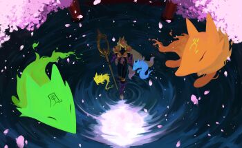 1girl armor black_bodysuit bodysuit cherry_blossoms digimon digimon_(creature) fox_mask full_body galacticselkie gold_armor grey_hair hashtag-only_commentary highres holding holding_staff long_hair mask petals pink_petals ripples sakuyamon staff standing standing_on_liquid