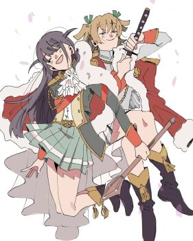 Rule 34 | 2girls, aiguillette, belt, black footwear, blonde hair, cape, closed eyes, club (weapon), daiba nana, epaulettes, floating, full body, fur-trimmed cape, fur trim, green ribbon, green skirt, hair ribbon, hgus1128, highres, holding, holding club, holding sword, holding weapon, jacket, long hair, miniskirt, multiple girls, open mouth, pleated skirt, ribbon, short hair, shoujo kageki revue starlight, simple background, skirt, smile, sword, tsuyuzaki mahiru, weapon, white background