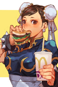 1girl blush bracelet breasts brown_eyes brown_hair bun_cover burger capcom china_dress chinese_clothes chun-li cup disposable_cup double_bun dress earrings eating food food_in_mouth hair_bun holding holding_burger holding_cup holding_food hungry_clicker jewelry looking_at_viewer mcdonald&#039;s short_hair solo spiked_bracelet spikes street_fighter studded_bracelet upper_body
