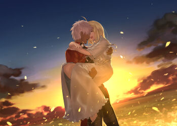 Rule 34 | 1boy, 1girl, archer (fate), armor, artoria pendragon (fate), avalon (fate), blonde hair, carrying, carrying person, coat, commentary request, dark-skinned male, dark skin, dress, emiya shirou, fate/stay night, fate (series), happy, messy hair, princess carry, rasupekuto, red coat, saber (fate), smile, sunrise, white hair