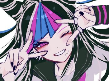 Rule 34 | 1girl, arm warmers, black hair, black nails, black sailor collar, blue streaks, blush, commentary, danganronpa (series), danganronpa 2: goodbye despair, double v, dutch angle, face piercing, grin, hair horns, hands up, jewelry, long hair, looking at viewer, mioda ibuki, multicolored hair, multiple rings, nail polish, one eye closed, piercing, pink eyes, pink streaks, portrait, ring, sailor collar, shirt, sketch, smile, solo, streaked hair, symbol-only commentary, v, v over eye, white shirt, white streaks, yomo ma ni