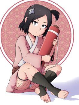 1girl annoyed black_hair black_shorts black_socks closed_mouth female_focus fishnet_shorts fishnets flat_chest full_body grey_eyes indian_style japanese_clothes kimono konan_exe kunoichi_tsubaki_no_mune_no_uchi loli long_sleeves looking_at_viewer one_side_up panties pantyshot pink_background pink_kimono short_hair shorts simple_background sitting socks solo stirrup_legwear toeless_legwear touwata_(kunoichi_tsubaki_no_mune_no_uchi) two-tone_background underwear white_background wide_sleeves