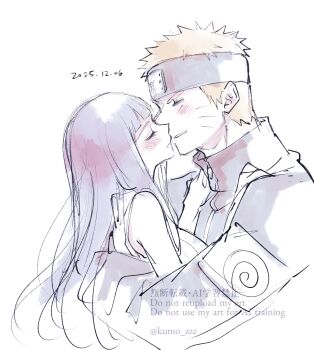 arm_around_back black_jacket blonde_hair blunt_bangs blush breasts couple dated facial_mark hands_on_another&#039;s_shoulders hetero highres hime_cut hyuuga_hinata imminent_kiss jacket konohagakure_symbol large_breasts long_hair naruto:_the_last naruto_(series) naruto_shippuuden parted_lips shirt short_hair sidelocks sleeveless sleeveless_shirt spiked_hair ting twitter_username upper_body uzumaki_naruto whisker_markings white_background white_shirt