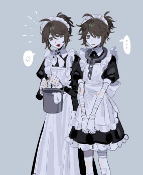 ... 2boys :d ahoge alternate_costume ascot bandaged_arm bandages bandaid bandaid_on_leg brown_hair bucket chain collar crossdressing crossdressing_(mtf) dual_persona fang feet_out_of_frame gloves green_eyes head_tilt highres holding holding_bucket identity_v looking_at_viewer luca_balsa maid maid_headdress male_focus male_maid metal_collar multiple_boys nki_ki_ki open_mouth pale_skin ponytail puffy_sleeves short_ponytail smile spoken_ellipsis victorian_maid white_ascot white_gloves