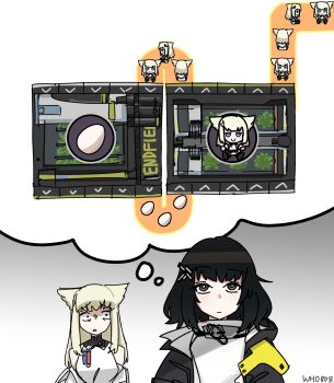 Rule 34 | 2girls, :|, absurdres, animal ears, arknights, arknights: endfield, artist name, bird ears, bird girl, black coat, black hair, blonde hair, c:, closed mouth, coat, commentary, conveyor belt, egg, endministrator (arknights), english commentary, expressionless, female endministrator (arknights), furrowed brow, gameplay mechanics, grey background, grey eyes, grey sweater, highres, multiple girls, off shoulder, perlica (arknights), short hair, simple background, smile, speech bubble, sweater, thinking, thought bubble, upper body, white coat, who 808
