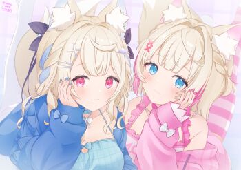 2girls animal_ear_fluff animal_ears aqua_camisole aqua_eyes aqua_hair aqua_nails blonde_hair blue_eyes blue_jacket blush breasts camisole choker cleavage closed_mouth collarbone commentary_request dog_ears dog_girl dog_tail fingernails frilled_choker frills fuwawa_abyssgard fuwawa_abyssgard_(casual) hair_ornament hairclip hand_on_own_cheek hand_on_own_face highres hololive hololive_english jacket large_breasts long_hair long_sleeves looking_at_viewer mococo_abyssgard mococo_abyssgard_(casual) multicolored_hair multiple_girls nail_polish off_shoulder official_alternate_costume parallel_hairclips pink_eyes pink_hair pink_jacket pink_nails pink_trim short_hair siblings sisters sleeves_past_wrists small_breasts smile tail twins upper_body usari_sk virtual_youtuber white_camisole x_hair_ornament