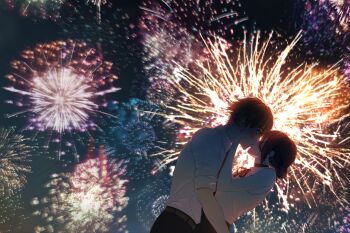 1boy 1girl absurdres aerial_fireworks black_choker black_hair black_necktie blonde_hair chainsaw_man choker closed_eyes collared_shirt denji_(chainsaw_man) fireworks hair_bun hand_on_another&#039;s_face hetero highres kiss necktie night outdoors reze_(chainsaw_man) ryu_miryu shirt sleeveless sleeveless_shirt sleeves_rolled_up white_shirt