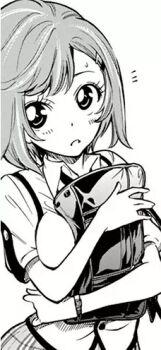 1girl bag breasts chousuinou_kei collared_shirt hair_ornament hairpin hugging_object kinoshita_maori looking_to_the_side lowres medium_breasts necktie non-web_source plaid_clothes plaid_skirt pleated_skirt school_bag school_uniform shirt short_hair short_sleeves skirt solo standing upper_body vest