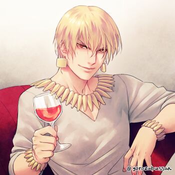 1boy alcohol blonde_hair bracelet closed_mouth cup drinking_glass earrings fate/grand_order fate/stay_night fate_(series) gilgamesh_(fate) gold_bracelet gold_earrings gold_necklace hair_between_eyes highres holding holding_cup jewelry long_sleeves looking_at_viewer male_focus necklace red_eyes red_wine shirt short_hair sitting smile smug solo twitter_username v-neck v-shaped_eyebrows white_shirt wine wine_glass yorozu