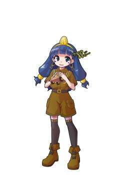 Rule 34 | 1girl, alphes (style), black thighhighs, blue eyes, blue hair, blunt bangs, boots, brown boots, brown shirt, brown shorts, collared shirt, commentary request, dairi, earrings, facial mark, fold-over boots, full body, hair bobbles, hair ornament, highres, holding, jewelry, key earrings, large variant set, long hair, michigami nareko, parody, shirt, short sleeves, shorts, simple background, smile, solo, standing, style parody, tachi-e, thighhighs, touhou, translation request, transparent background, triangle, triangle facial mark, variant set