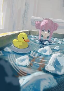 1girl absurdres bath blank_eyes bocchi_the_rock! commentary_request double_bun drooling gotoh_hitori grey_eyes hair_bun highres ice in_bathtub kageboushi_(kageboushi_desu) pink_hair rubber_duck sidelocks solo
