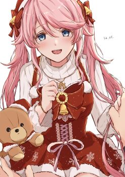 1girl absurdres blue_eyes commentary_request dress eiyuu_densetsu hajimari_no_kiseki highres holding holding_stuffed_toy holding_toy kuro_no_kiseki kuro_no_kiseki_(series) kuro_no_kiseki_ii long_hair looking_at_viewer merry_christmas nadia_rayne open_mouth pink_hair polly_(cott) santa_costume santa_dress stuffed_animal stuffed_toy teddy_bear toy twintails