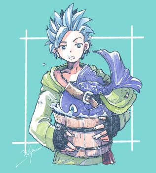 1boy aqua_background artist_name bead_necklace beads black_gloves blue_eyes blue_hair bucket camus_(dq11) commentary cropped_torso dragon_quest dragon_quest_xi earrings fingerless_gloves fish gloves green_jacket holding holding_bucket hood hood_down hooded_jacket jacket jewelry male_focus michibata_65 necklace parted_lips solo spiked_hair splashing symbol-only_commentary