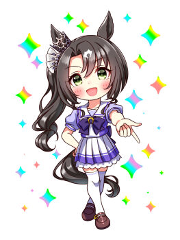 1girl animal_ears black_hair blush bow bowtie breasts chibi chibi_only collarbone commentary_request crown_ornament ear_through_crown full_body green_eyes hair_between_eyes highres horse_ears horse_girl horse_tail long_hair looking_at_viewer multicolored_hair multiple_girls open_mouth outstretched_arm pleated_skirt puffy_short_sleeves puffy_sleeves purple_bow purple_bowtie purple_shirt sailor_collar sailor_shirt satono_crown_(umamusume) school_uniform shirt shoes short_sleeves side_ponytail skirt smile solo streaked_hair sugimotty_nova tail thighhighs tracen_school_uniform umamusume white_hair white_sailor_collar white_skirt white_thighhighs zettai_ryouiki