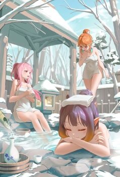 3girls absurdres animal_ears bare_tree bathing blue_sky bottle breasts bucket choko_(cup) closed_eyes cloud cup day hair_bun hanho high_ponytail highres holding holding_cup hololive hololive_english holomyth large_breasts looking_at_another mori_calliope multiple_girls naked_towel ninomae_ina'nis onsen orange_hair outdoors pink_hair ponytail purple_hair red_eyes rock sake_bottle sky snow takanashi_kiara towel towel_on_head tree virtual_youtuber water wet winter