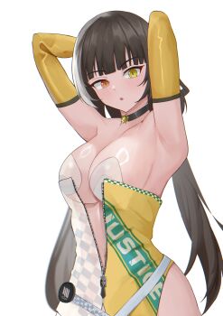 1girl :o absurdres armpits arms_behind_head bare_shoulders black_choker breasts choker commentary elbow_gloves fiftya girls'_frontline girls'_frontline_2:_exilium gloves heterochromia highres large_breasts long_hair looking_at_viewer low_twintails multicolored_hair official_alternate_costume race_queen red_eyes ro635_(girls'_frontline) robella_(future_navigator)_(girls'_frontline_2) robella_(girls'_frontline_2) solo streaked_hair twintails very_long_hair white_background yellow_eyes yellow_gloves zipper_pull_tab