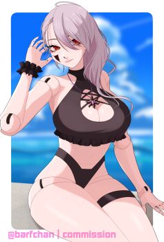 absurdres barfchan bikini blurry blurry_background cracked_skin doll doll_joints frills hair_between_eyes halterneck highres indie_virtual_youtuber joints jowol swimsuit virtual_youtuber