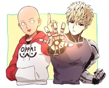 Rule 34 | 2boys, :d, bald, black eyes, black sclera, black tank top, blonde hair, clenched hand, colored sclera, commentary request, cropped torso, cyborg, drawstring, foreshortening, genos, hand in pocket, hood, hood down, hoodie, long sleeves, looking at another, male focus, mechanical arms, multiple boys, one-punch man, open mouth, oppai hoodie, outstretched arm, parted lips, r (corolla), red hoodie, saitama (one-punch man), sanpaku, short hair, smile, spiked hair, tank top, two-tone hoodie, very short hair, white hoodie, yellow background, yellow eyes
