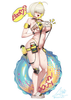 1girl blonde_hair clothing_cutout commentary covered_erect_nipples elegg_(boom_and_shock)_(nikke) elegg_(nikke) english_commentary english_text full_body game_controller_print goddess_of_victory:_nikke gonster hair_intakes hair_over_eyes heart_cutout highres long_bangs navel official_alternate_costume open_mouth plump rabbit_choker rabbit_ornament see-through_slingshot_swimsuit simple_background slingshot_swimsuit smile solo swim_ring swimsuit white_background yellow_slingshot_swimsuit