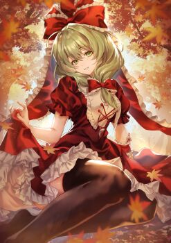 1girl absurdres arm_ribbon black_thighhighs bow breasts dress frilled_bow frilled_ribbon frills front_ponytail green_eyes green_hair hair_bow hair_ornament hair_ribbon hayaten highres kagiyama_hina leaf long_hair looking_at_viewer maple_leaf open_mouth puffy_sleeves red_bow red_dress red_ribbon ribbon short_sleeves smile solo thighhighs touhou wrist_ribbon