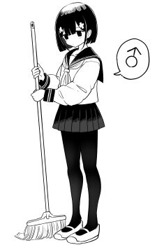 1boy absurdres bob_cut broom collarbone crossdressing crossdressing_(mtf) flower greyscale hair_flower hair_ornament highres male_focus mars_symbol miniskirt monochrome neckerchief original pantyhose pleated_skirt sailor_collar school_uniform serafuku short_hair simple_background skirt slip-on_shoes solo speech_bubble spoken_mars_symbol standing sweeping trap vae white_background