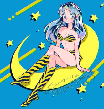 animal_print bikini blue_background boots breasts cleavage collarbone cone_horns crescent_moon crossed_legs full_body highres horns knee_boots long_hair looking_at_viewer lum moon muda_rengou_to_ziggy_stardust navel pointy_ears print_bikini print_boots sidelocks signature sitting star_(symbol) swimsuit tiger_print urusei_yatsura