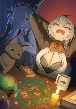 2girls absurdres arms_up black_bra black_cat black_robe blue_archive book bottle bow bra breasts candle card cat cleavage collared_shirt cup eri_(blue_archive) grey_hair hair_between_eyes hair_over_one_eye hape hat highres large_breasts multiple_girls open_mouth own_hands_together red_bow robe shirt spilled_drink underwear white_hair white_shirt witch_hat