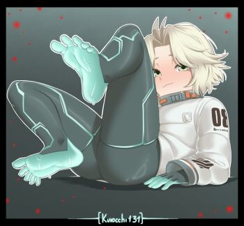 1girl :3 arm_up ass black_eyes blonde_hair coat commentary eight_(pragmata) full_body green_thighhighs hand_on_own_cheek hand_on_own_face highres knees_to_chest long_sleeves looking_at_viewer padded_coat pragmata short_hair solo thighhighs thighs v-shaped_eyebrows white_coat zoom_layer