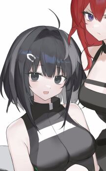 Rule 34 | 2girls, 2naom8q6gt87292, :d, arknights, bare shoulders, black dress, black hair, black streaks, breasts, colored inner hair, commentary, dot nose, dress, frown, grey eyes, grey hair, hair between eyes, hair intakes, hair ornament, hairclip, highres, impossible clothes, impossible shirt, la pluma (arknights), large breasts, looking at viewer, medium hair, multicolored hair, multiple girls, open mouth, purple eyes, shirt, simple background, sleeveless, sleeveless shirt, smile, surtr (arknights), upper body, white background