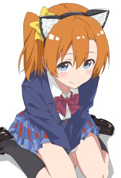 1girl animal_ear_hairband animal_ears black_hairband black_shoes black_socks blazer blue_eyes blue_jacket blush bow bowtie cat_ear_hairband cat_ears commentary diagonal-striped_bow diagonal-striped_bowtie diagonal-striped_clothes fake_animal_ears from_above hairband highres jacket kosaka_honoka looking_at_viewer love_live! love_live!_school_idol_project maho_ron1 one_side_up orange_hair otonokizaka_school_uniform plaid_clothes plaid_skirt school_uniform shirt shoes simple_background sitting skirt smile socks solo striped_bow striped_bowtie striped_clothes wariza white_background white_shirt winter_uniform yellow_bow