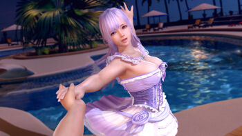 1girl 3d armpits breasts cleavage dancing dead_or_alive dead_or_alive_xtreme dead_or_alive_xtreme_venus_vacation fiona_(doa) highres large_breasts light_purple_hair long_hair looking_at_viewer male_hand medium_breasts night no_bra official_art official_wallpaper outdoors outstretched_arms parted_lips pool poolside pov purple_eyes purple_hair skirt sky sleeveless standing tagme tecmo tree underbust