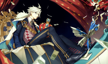 1boy absurdres air_(ai_r_) black_pants black_shoes bug butterfly closed_mouth commentary commentary_request dress_shoes english_commentary fate/grand_order fate_(series) green_necktie hair_between_eyes highres insect james_moriarty_(ruler)_(fate) looking_at_viewer male_focus mixed-language_commentary money necktie pants pink_vest shirt shoes sitting solo striped_clothes striped_pants sweater_vest theater throne vest white_hair white_shirt