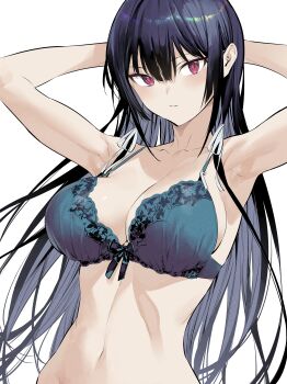 1girl absurdres armpits arms_behind_head arms_up bare_shoulders black_bra black_hair bra breasts cleavage collarbone haite_kudasai_takamine-san highres hiiragi_yuuichi large_breasts long_hair looking_at_viewer navel original purple_eyes solo takamine_takane underwear