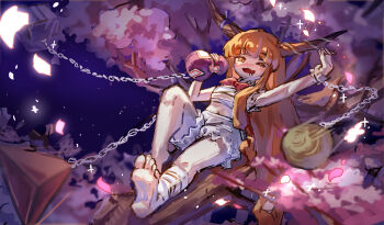 1girl barefoot bloomers blush cuffs drooling fang gourd highres horns ibuki_suika in_tree long_hair mouth_drool oni ribbon sarashi shackles shouxishao_jiuyuan sitting sitting_in_tree skin_fang soles solo touhou tree underwear