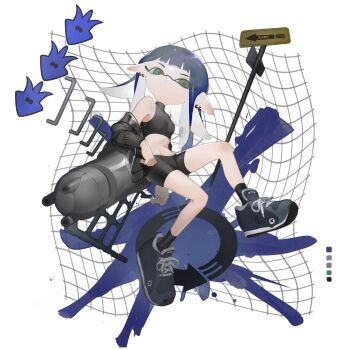 1girl :/ ankle_socks bare_shoulders bike_shorts black_hoodie black_shirt black_shorts black_socks blue_footwear blue_hair clenched_hand closed_mouth crop_top earrings green_eyes highres hood hoodie inkling inkling_girl inkling_player_character jewelry kei_(a_key_kuuuun) leaning_on_weapon long_hair midriff nautilus_(splatoon) nintendo pointy_ears road_sign shirt shorts sign socks solo splatoon_(series) tentacle_hair white_background