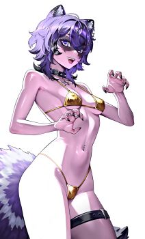 1girl 3am absurdres animal_ears ass belt bikini black_hair black_nails breasts collar colored_skin commentary covered_erect_nipples ear_piercing english_commentary eye_mask gold_bikini highres mask medium_breasts micro_bikini navel_piercing piercing pink_skin purple_eyes purple_hair raccoon_ears raccoon_girl raccoon_tail scarletkrow snuffy_(vtuber) spiked_collar spikes swimsuit tail thigh_belt thigh_strap thighs two-tone_tail virtual_youtuber white_background