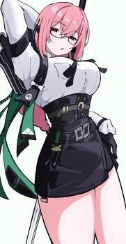 1girl arm_behind_head black-framed_eyewear black_corset black_gloves black_skirt breasts commentary_request corset cowboy_shot glasses gloves highres large_breasts long_sleeves looking_at_viewer miniskirt parted_lips pink_eyes pink_hair shirt simple_background skirt solo tsukishiro_yanagi white_background white_shirt yuntaro_(ramen_star) zenless_zone_zero