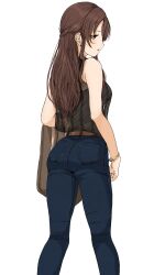 Rule 34 | 1girl, ass, bare shoulders, bracelet, brown hair, commentary request, denim, feet out of frame, from behind, gatsby ssl, half updo, highres, idolmaster, idolmaster cinderella girls, jacket, jeans, jewelry, long hair, looking at viewer, looking back, mifune miyu, pants, see-through, see-through shirt, see-through silhouette, shirt, simple background, sleeveless, sleeveless shirt, solo, straight hair, unworn jacket, white background