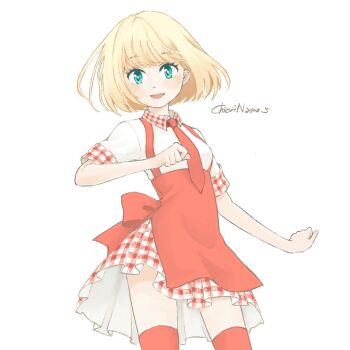 1girl aqua_eyes blonde_hair breasts chiori_n commentary_request dress looking_at_viewer necktie original red_thighhighs short_hair simple_background small_breasts smile solo thighhighs white_background