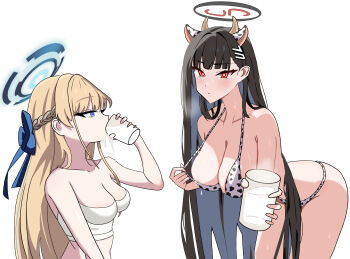 2girls absurdres animal_ears animal_print bikini black_hair blonde_hair blue_archive blue_eyes blue_ribbon blue_streaks blunt_bangs blush braid breasts cleavage cow_ears cow_horns cow_print cow_print_bikini cup drinking drinking_glass hair_ornament hairclip halo highres holding holding_cup horns large_breasts long_hair looking_at_viewer midang milk multiple_girls print_bikini red_eyes ribbon ringed_eyes rio_(blue_archive) simple_background swimsuit toki_(blue_archive) very_long_hair white_background